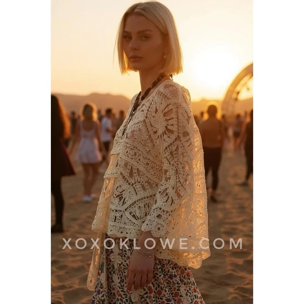 POL Cream Crochet Top | Boho Bell Sleeve Knit | Festival Cottagecore Vibe - Picture 4 of 8